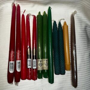 NEW! LOT OF 12 RED, GREEN, MIXED TAPER & BEESWAX CANDLES